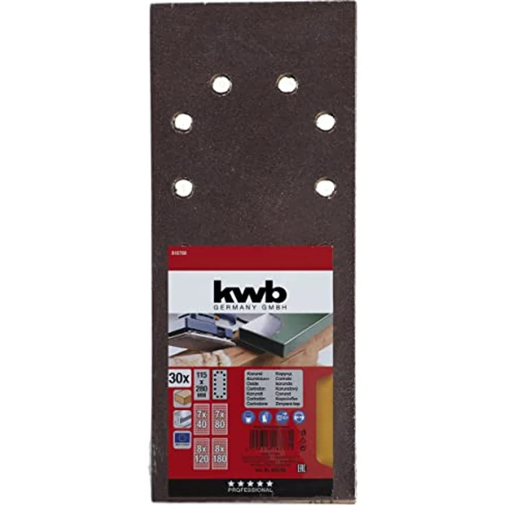 kwb Quick-Stick Schleifpapier – für Schwing-Schleifer K 40, K 80, K 120, K 180, für Holz und Metall, 115 mm x 280 mm, Korund, gelocht (30 Stk.) - Preisvergleich – Bild 2