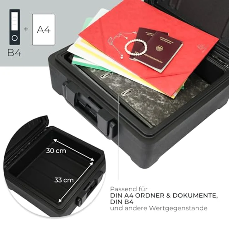 HMF Feuerfeste Dokumentenbox DIN A4, wasserdichte Geldkassette abschließbar, 39 x 40 x 17 cm, schwarz, schützt vor Feuer und Wasser – Bild 3