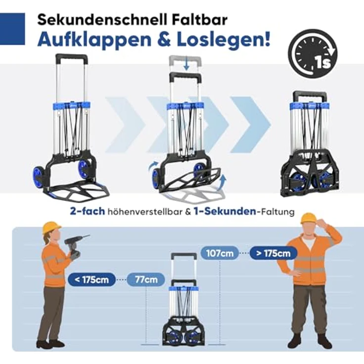 Sekey Sackkarre SK2, Klappbar, 150 kg Tragkraft, XXL Anti-Rutsch-Plattform, höhenverstellbar 77/107cm, Aluminiumrahmen, inkl. 2 Expanderseile, schwarz/blau – Bild 3