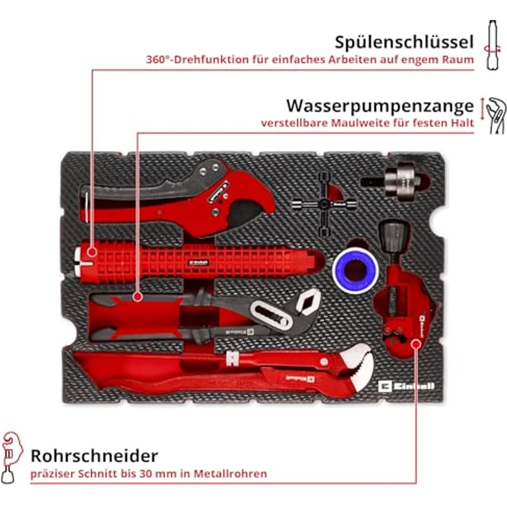 Einhell Pad Sanitärinstallation 8-tlg. Klempner-Set mit Rohrschneider, Beckenschlüssel, Zangen, Blechstanze, Schaltschrankschlüssel und Isolierband im E-Case-System – Bild 4