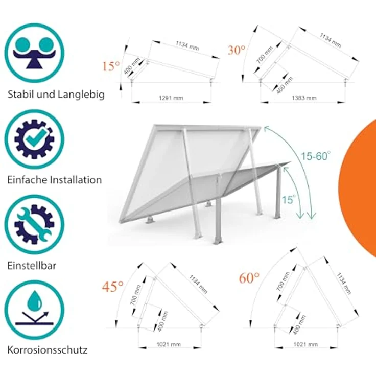 SAVOLAR Solarmodul Halterung Balkonkraftwerk Flachdach (15-60°) Winkel Einstellbar, 40-105cm Verstellbar, Aluminiumlegierung, Schwarz – Bild 4