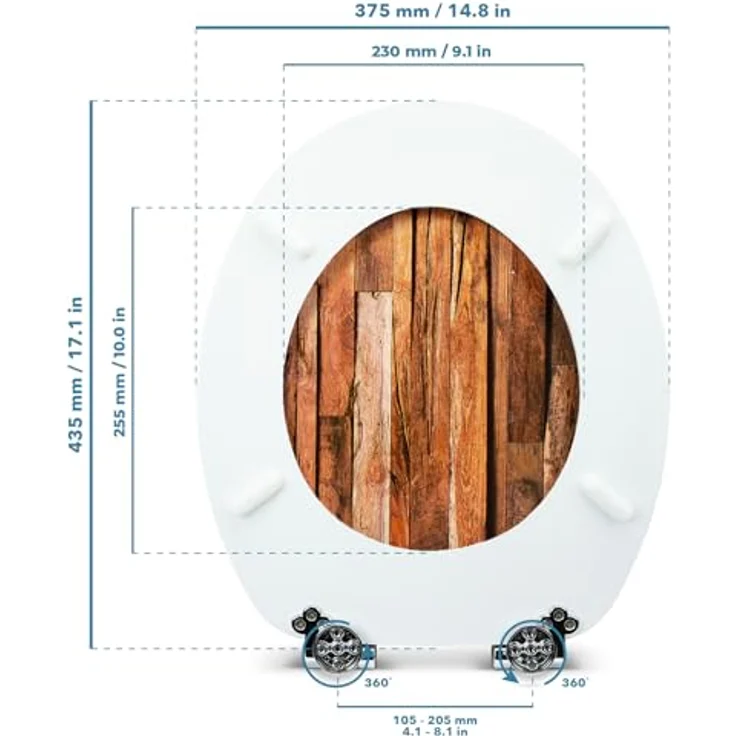 Sanfino WC Sitz Industrial Wood, Toilettendeckel aus Holz mit Absenkautomatik, braun, verchromte Metallscharniere, einfache Montage – Bild 5