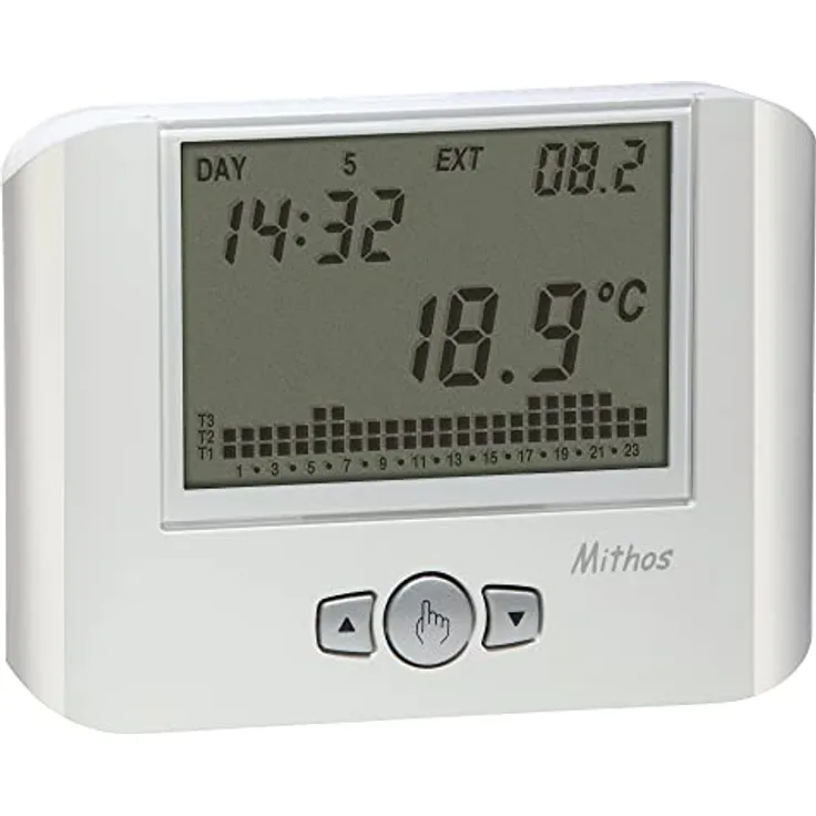 VEMER VE328100 MITHOS - Digital Heizungsthermostat mit Wochenprogrammierung, batteriebetrieben, Weiß, 3 Temperaturstufen, automatische Sommerzeitumstellung