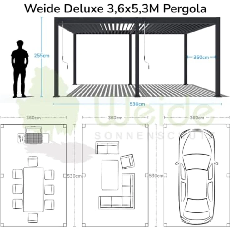 Weide SONNENSCHUTZ Weide Deluxe Voll-Alu-Pavillon 3,6 x 5,3 M Lamellendach anthrazit Pergola freistehend – Bild 4