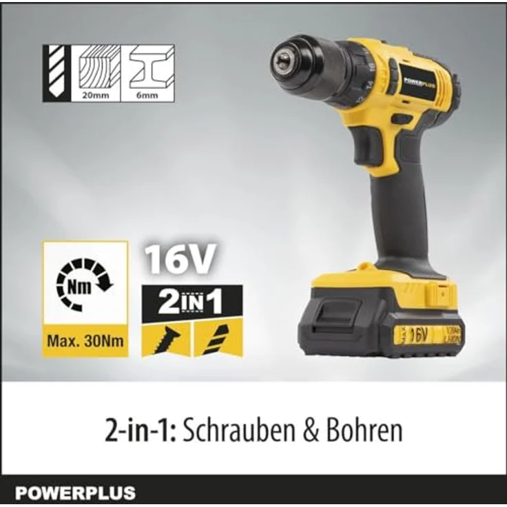 Powerplus Bohrschrauber 16V Li-Ion 2 Akku, mit LED-Arbeitsleuchte und Schnellstopp – Bild 2