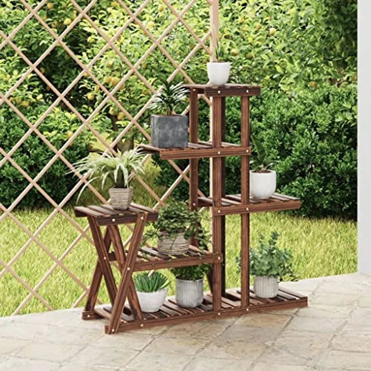 vidaXL Blumenständer, Pflanzständer 95x25x96 cm Massivholz Tanne, Karbonisiertes Braun, 10 kg Belastbarkeit pro Boden – Bild 2