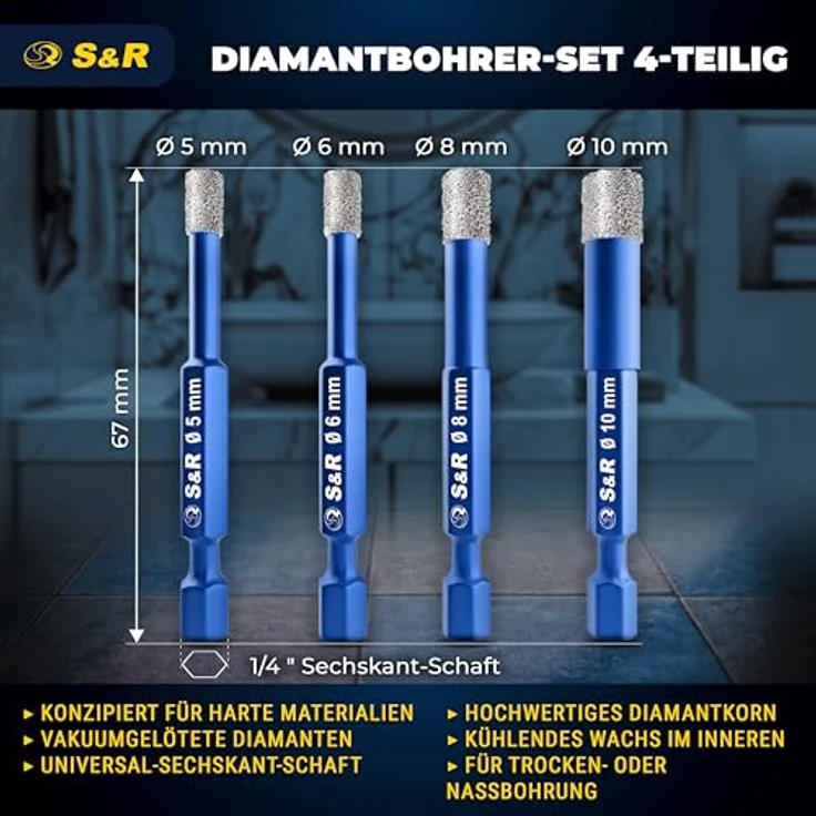 S&R Bohrersatz Diamantbohrer, Fliesenbohrer, Glasbohrer Sechskant-Schaft, 4-tlg. Set (5, 6, 8, 10 mm), für Keramik, Granit, Glas, Porzellan, Fliesen, Feinsteinzeug, Marmor – Bild 2