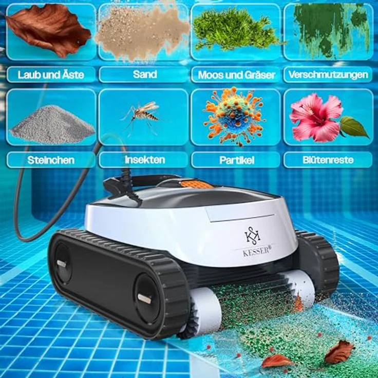 KESSER® Poolroboter für Boden und Wand | Poolsauger bis 100m² Pools & eine leistungsstarke Reinigung | Vollautomatischer Poolreiniger mit App-Funktion und Klettermechanismus, blau – Bild 4