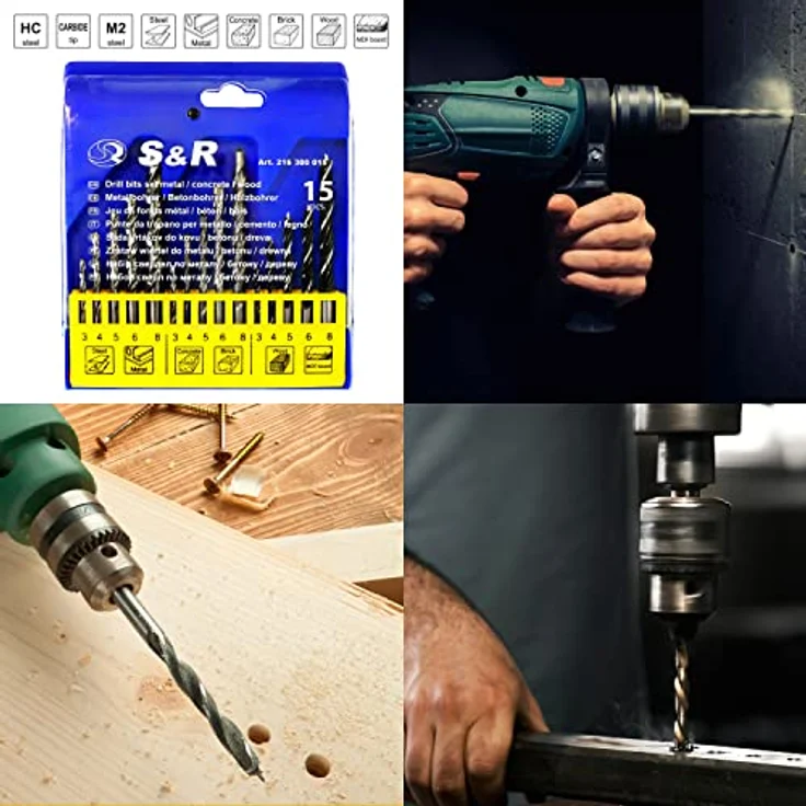S&R Universal Drill Bohrer-Set 15-tlg. – Bohrbits für Holz, Stein & Metall, HSS M2-Stahl, Größen 3-8mm – Bild 2