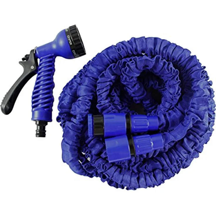 HELO Gartenschlauch 'Flexi', 22,5 m ausgedehnt (7,5 m gefaltet), blauer flexibler Wasserschlauch mit verstärktem Gewebe und 7-in-1 Multifunktionsdüse