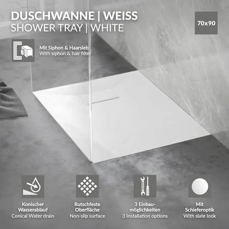 LuxeBath Duschwanne 90x70 cm, Rechteckige Brausetasse mit rutschfester Oberfläche und Ablaufgarnitur, Weiß, H:30 mm, extra flach – Bild 2