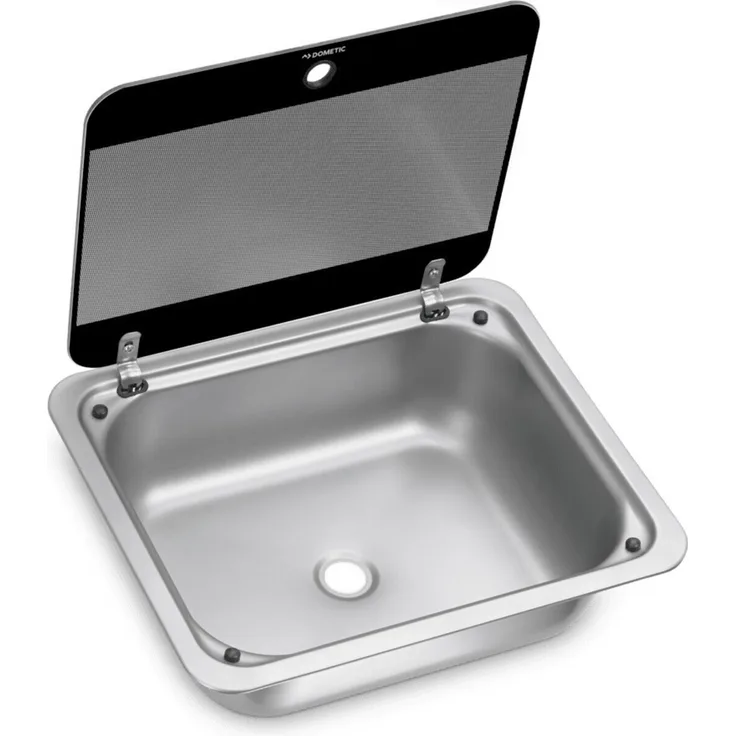 Dometic SNG 4133, Eckiges Spülbecken mit Abdeckung aus temperaturbeständigem Sicherheitsglas, inkl. Siphon und Gummidichtung