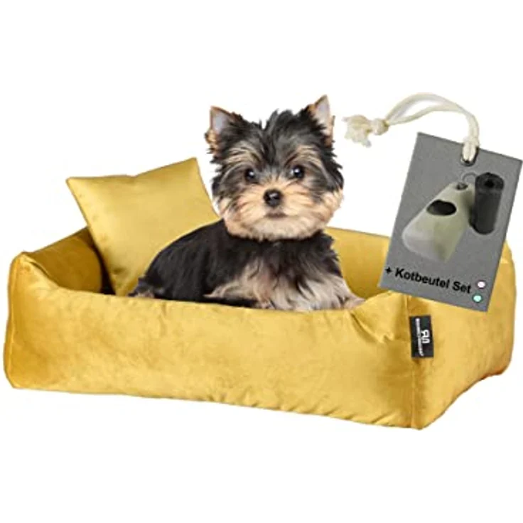 Rohrschneider Hundebett Kuschelsofa Hund Weich + Hundekotbeutelset (S, Senf) – Bild 1