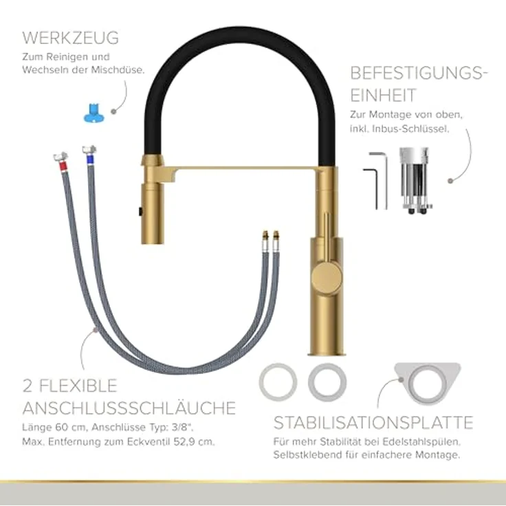 Lenz Küchenarmatur NALU, Flexible Pendelbrause mit 2 Strahlarten und Anti-Fingerabdruck-Beschichtung, gold – Bild 7