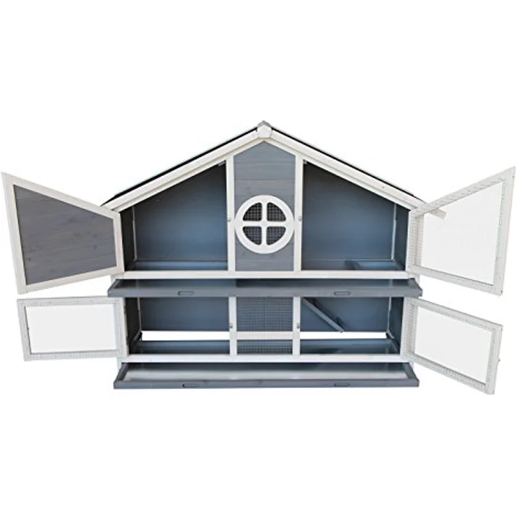 Wiltec Kaninchenstall graublau weiß 1160 x 450 x 1080 mm, Hasenvilla mit 4 Türen, witterungsbeständig und leicht zu reinigen – Bild 2