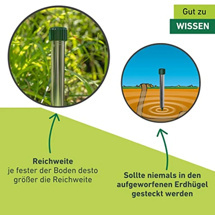 Windhager Wühlmaus Wühlmausvertreiber Aluminium, Wühlmausabwehr, Maulwurfvertreiber, Maulwurfabwehr, Wühlmausschreck, Wirkungsbereich ca. 800m², 02130, Silber, Reichweite – Bild 6