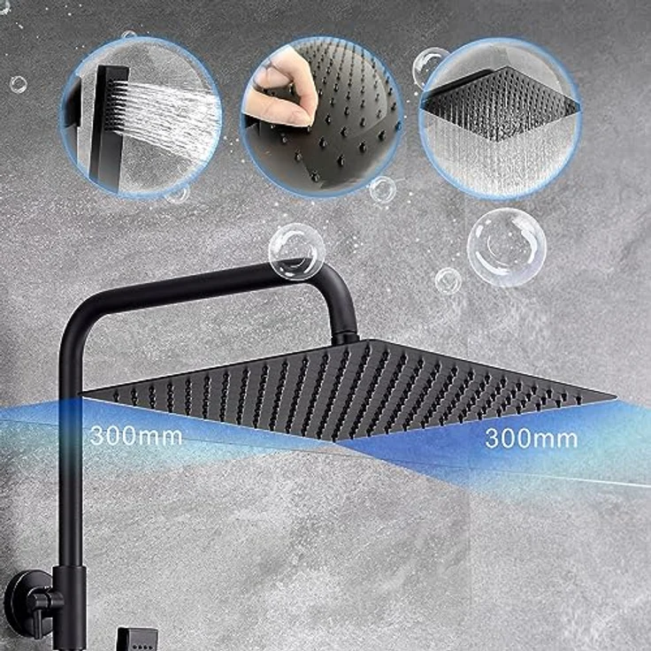 JOHO Thermostat Duschsystem, Regendusche Duschset mit 30x30cm Kopfbrause, Mischbatterie, Edelstahl, matt schwarz – Bild 3