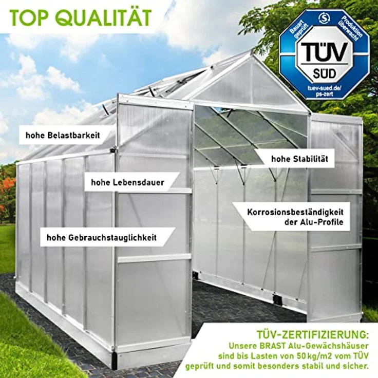 BRAST Gewächshaus Aluminium mit Fundament | 310x250x235cm Silber | TÜV geprüft | 6mm Hohlkammerplatten | rostfrei, wetterfest, temperaturbeständig – Bild 3
