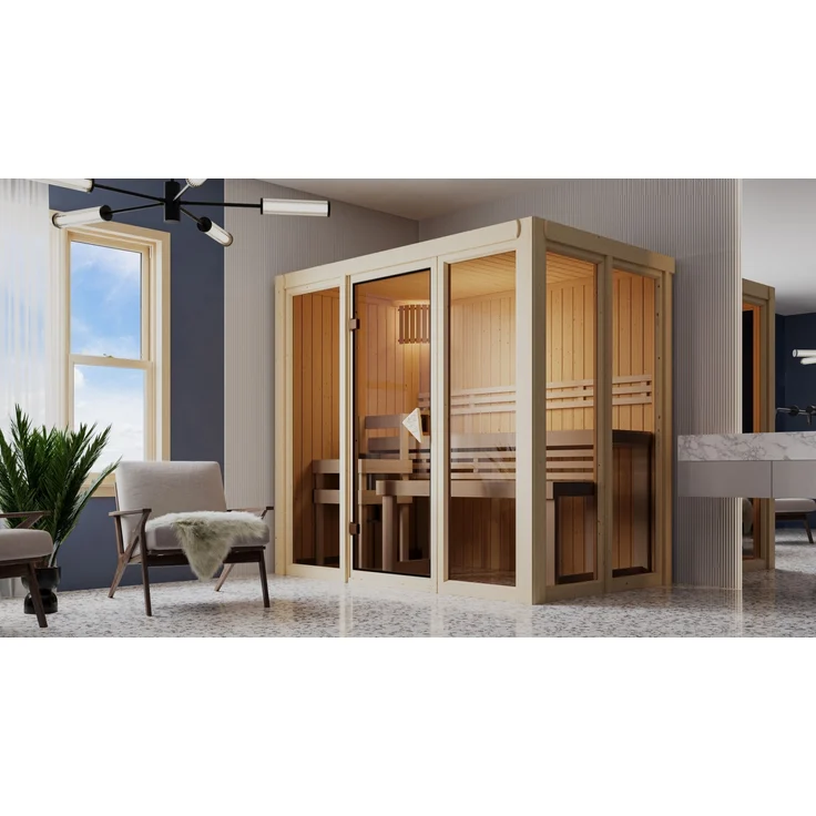 Karibu Innensauna Irava 3, 68 mm Systemsauna mit Ofen 3,6 kW, Fronteinstieg, integrierte Steuerung, 216x137x198 cm