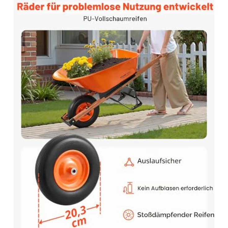 VEVOR Schubkarre, einrädrige Bauschubkarre mit 150 kg Fassungsvermögen, Metallgriff und 16 Zoll Vollschaumrädern, ideal für Garten und Farm – Bild 2