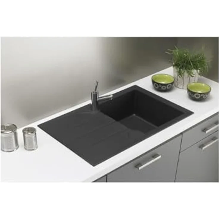 STRADOUR Evier cuisine Aloa, Einbauspüle mit 1 Bac + 1 Égouttoir, Résine, 81 x 50 cm, Schwarz – Bild 2
