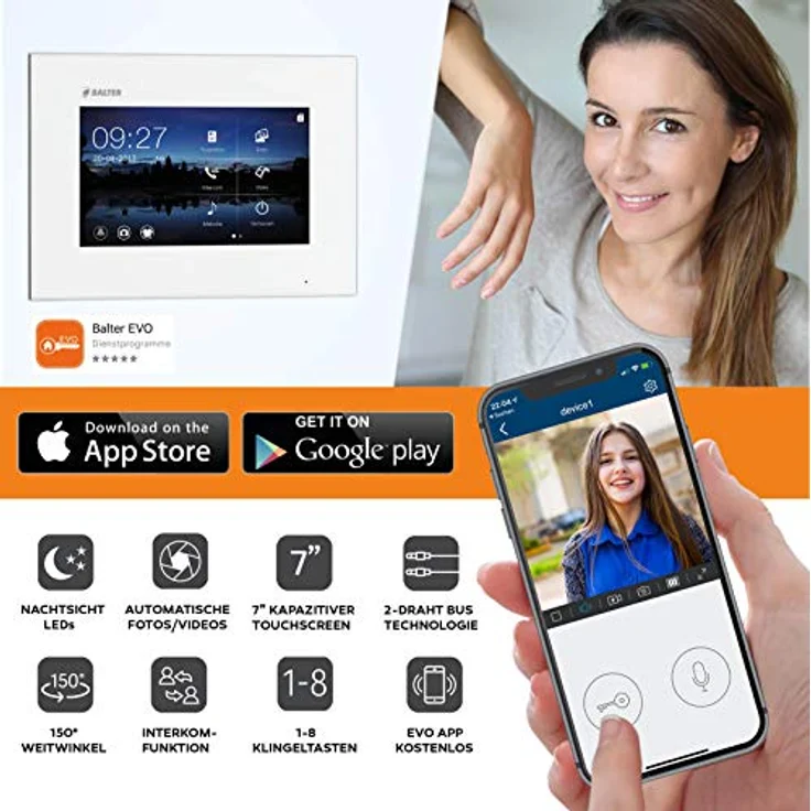 Balter EVO Video Türsprechanlage, 4x 7 Zoll Touchscreen Monitor, 2-Draht Bus, WLAN App, RFID Funktion für Mehrfamilienhaus – Bild 2
