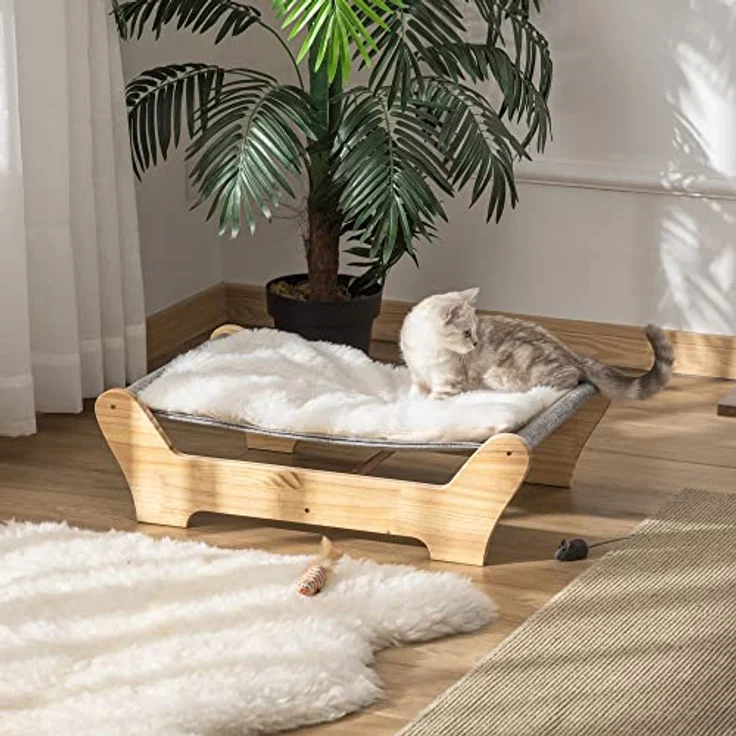 PawHut Katzenbett mit Gestell Hängematte für Katzen erhöhtes Katzennest mit weichem Kissen Kiefernholz Natur 68 x 43 x 20 cm - Preisvergleich – Bild 2