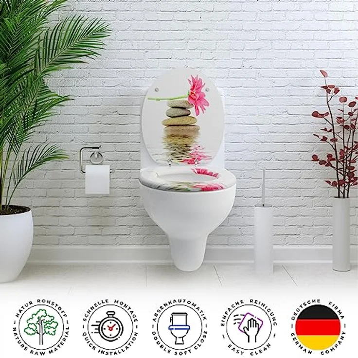 Sanfino WC Sitz Gerbera, Toilettendeckel aus Holz mit Absenkautomatik, weiß mit Blumenmotiv, einfache Montage, verchromte Metallscharniere – Bild 4