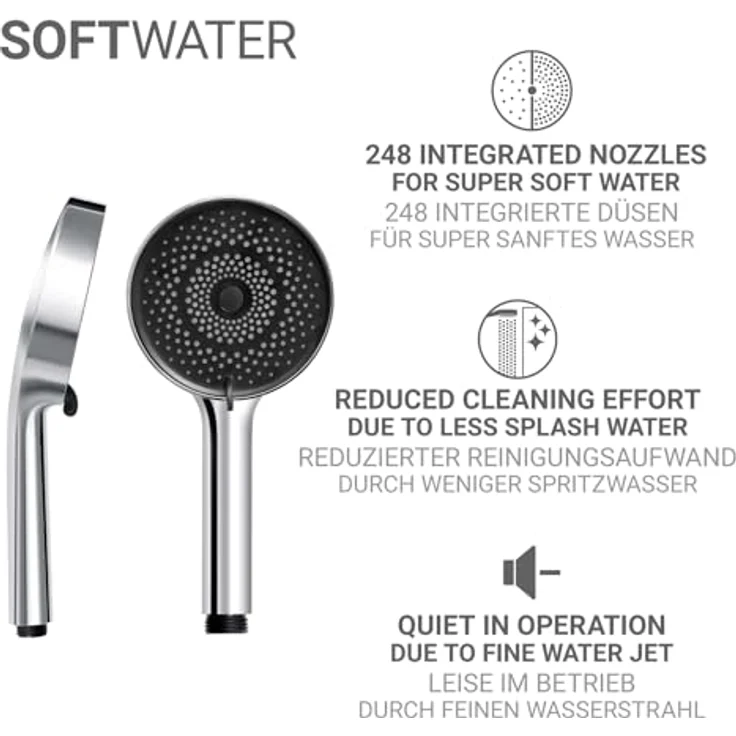 WENKO Brausehalter Softwater, Duschstange mit Handbrause, 3 Strahlarten, Ø 12 cm, mikrofine Düsen, Edelstahl – Bild 6