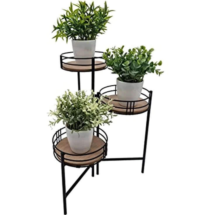 Spetebo Metall Blumentopfständer klappbar schwarz - mit 3 Holz Ablagen - klappbare Blumentreppe - Blumentopf Planzen Deko Gewürz Ständer – Bild 2