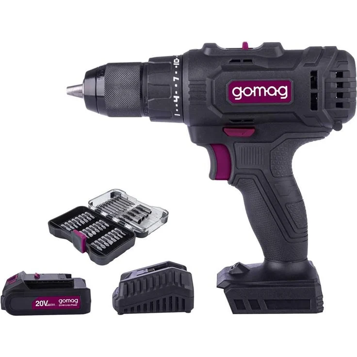 Gomag Akku-Bohrschrauber GO-BS45, 20 V, 2-Gang-Getriebe, max. 1500 U/min, inkl. 37-tlg. Bitschrauber-Set, Starter-Kit mit 2,0 Ah Akku