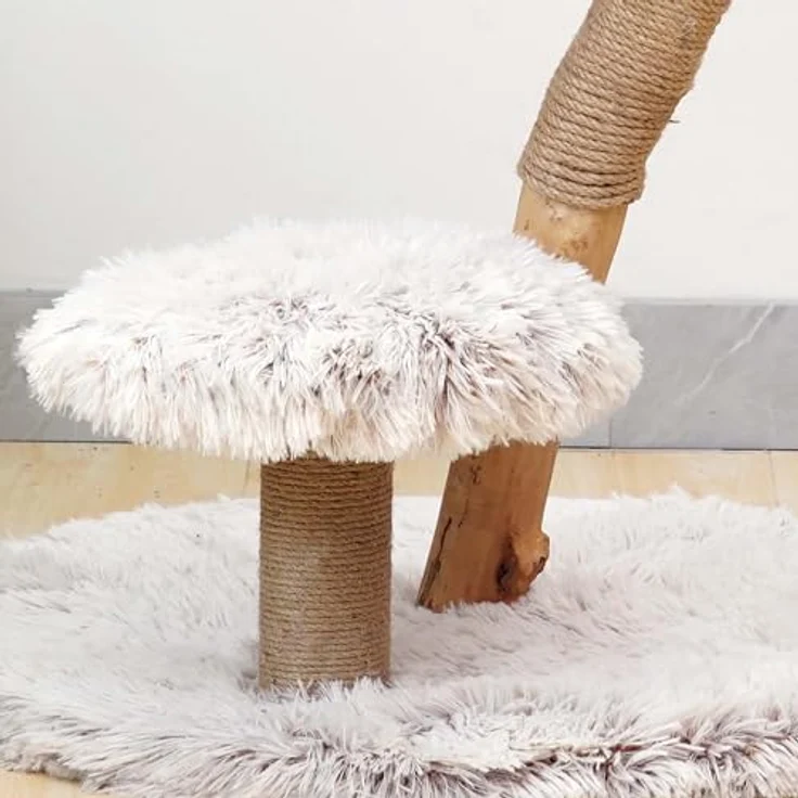 Fudajo Kratzbaum Zweigdesign mit Katzenkorb 83 cm hoch, Designer Katzenkratzbaum mit Liegekorb in Flecht-Optik, Katzenbaum aus Holz mit Plüsch, Naturfarben – Bild 4