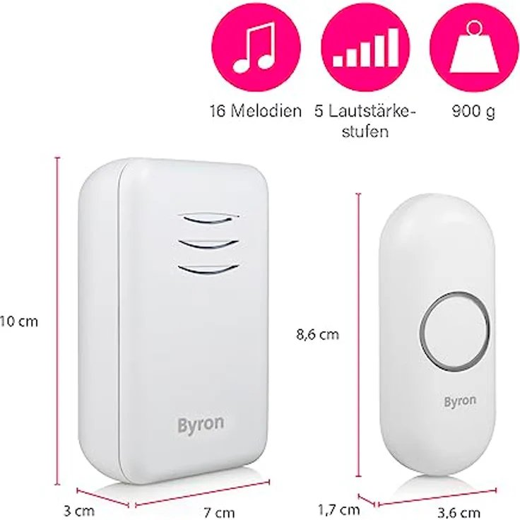 Byron DBY-22311 Funk-Türklingel-Set, 16 Melodien & bis zu 150 Meter Reichweite, bis zu 6 Türklingeln anschließbar, 5 Stufen Lautstärke, Klingel und Klingeltaster mit Batterie – Bild 3
