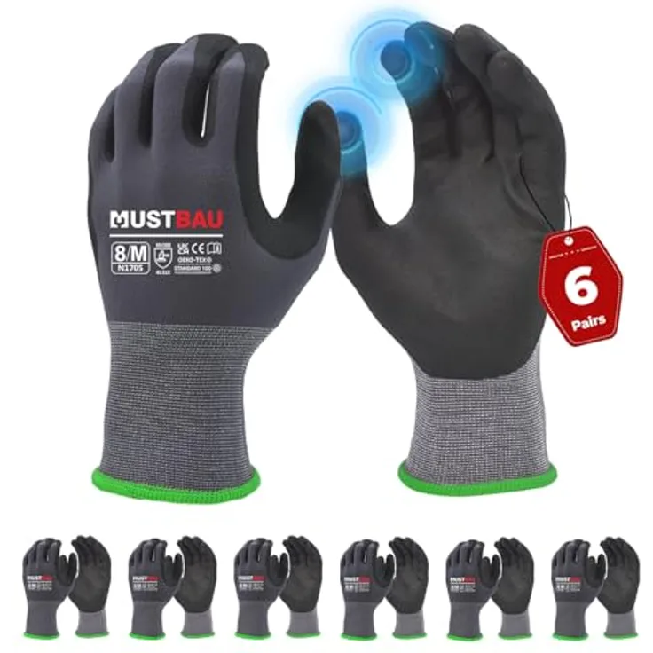 Mustbau Arbeitshandschuhe Schwarz, Nitril beschichtete Handschuhe mit Touchscreen-Funktion für Montage, Mechanik und Gartenarbeit, Gr. M, 6 Paare