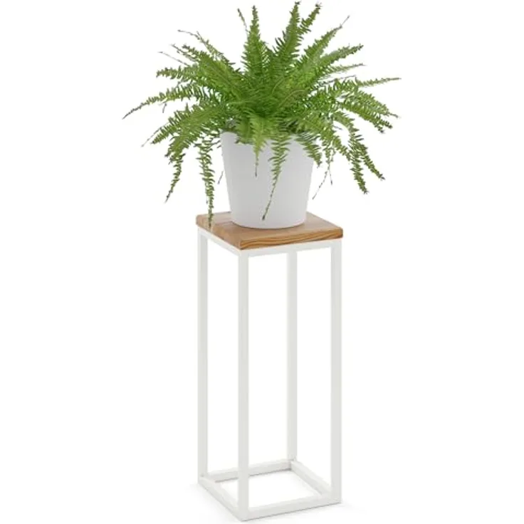 LAMO Manufaktur Blumenständer 50cm, Pflanzenständer aus 100% Echtholz, Grauweiß, stabiler DC01-Stahlrahmen, 2-teilig