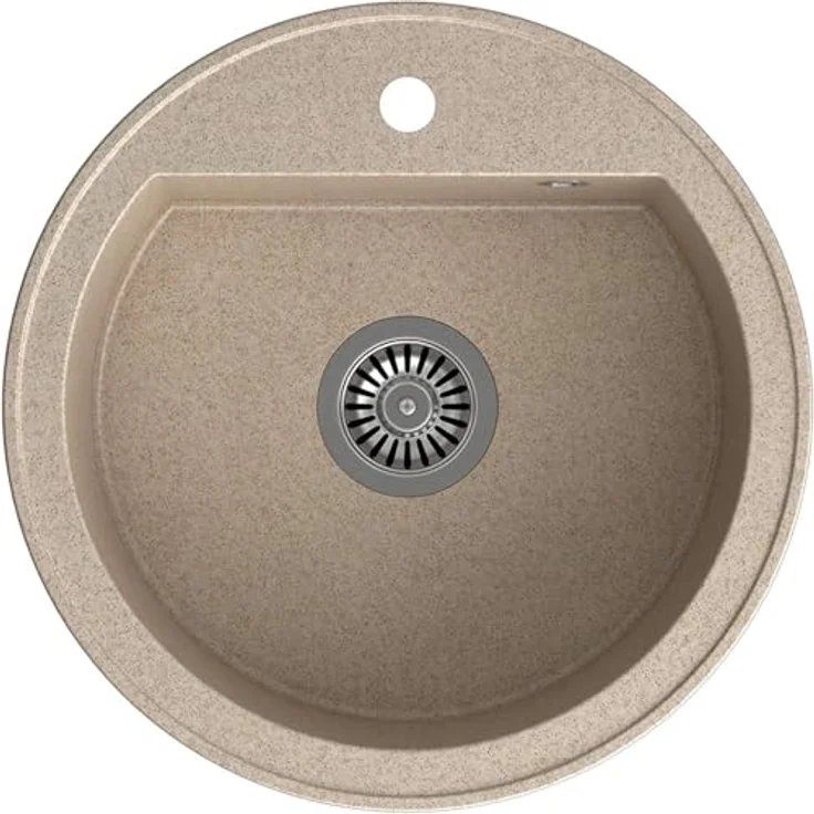 QUADRON CUBA 210 Rund Spülbecken, 1-Becken Granitspüle, Größe: 51 x 51 x 18 cm, Ø 43, beige mit Siphon – Bild 2