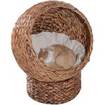 PawHut Rattan Katzenkorb Katzenhöhle Katzenhütte Katzenbett mit Kissen Haustierbett Wasserhyazinthe Hellbraun 50 x 42 x 60 cm
