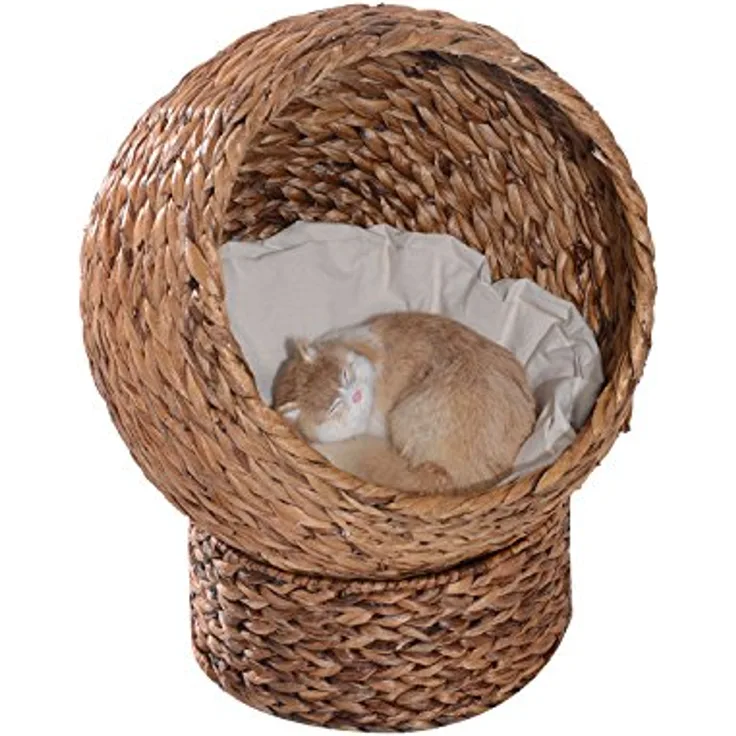 PawHut Rattan Katzenkorb Katzenhöhle Katzenhütte Katzenbett mit Kissen Haustierbett Wasserhyazinthe Hellbraun 50 x 42 x 60 cm