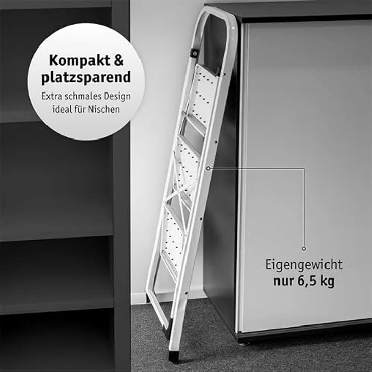 LEFELD 3-Stufige klappbare Trittleiter, belastbar bis 150 kg, Anti-Rutsch, platzsparend faltbar, 300 x 200 mm, 613309 – Bild 4