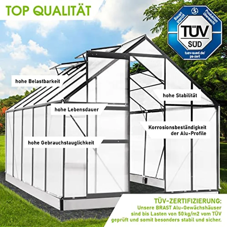 BRAST Gewächshaus Aluminium mit Fundament, 310x250x205cm, Grau, TÜV geprüft, 6mm Hohlkammerplatten, rostfrei, wetterfest, temperaturbeständig – Bild 3