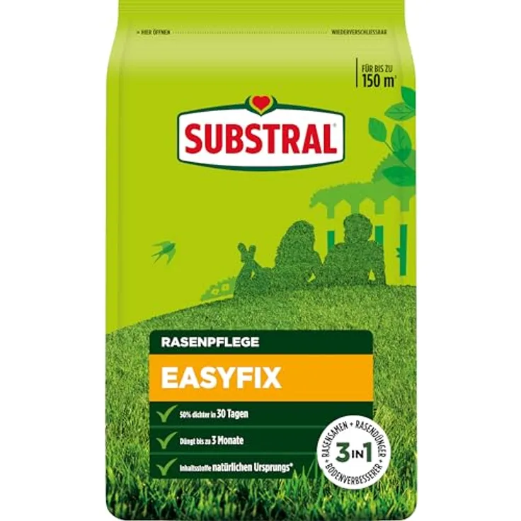 SUBSTRAL EasyFix 7,5 kg Rasensamen-Dünger-Kombination, für dichten Rasen bis 150 m², organisch-mineralischer NP-Dünger mit Bodenverbesserer