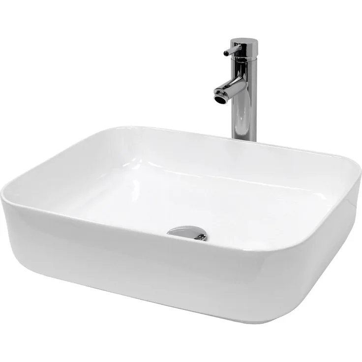 ECD Germany Waschbecken 505x395x135 mm, Keramik weiß, mit wassersparender Ablaufgarnitur ohne Überlauf