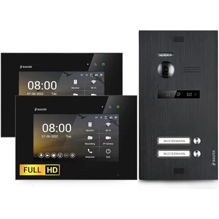 Balter EVO HD Video-Türsprechanlage, Komplettset für 2 Familienhaus mit 2 x 7 Zoll Monitoren, Full HD Kamera, Interkom, Schwarz – Bild 1