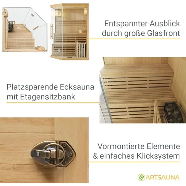Artsauna Saunakabine Espoo150 Premium mit Harvia Ofen — 3 Personen — Hemlock Holz, Glasfront und LED Licht — Inkl. Thermometer & Sanduhr —Komplett Set – Bild 4