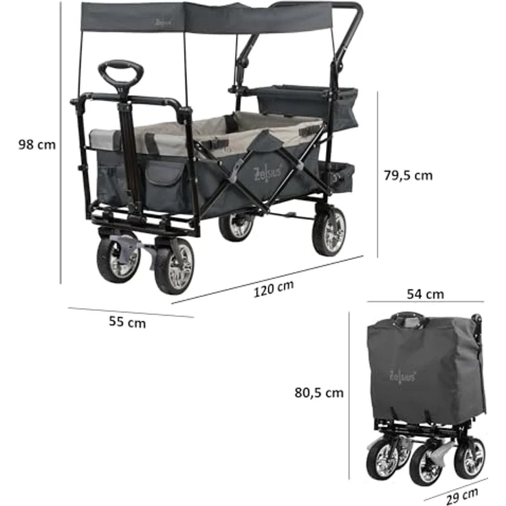 Zelsius Bollerwagen faltbar mit Dach, grau, Transportwagen mit Gurtsystem, 87,5 Liter Stauraum, 90 kg belastbar, abnehmbares Sonnendach – Bild 2