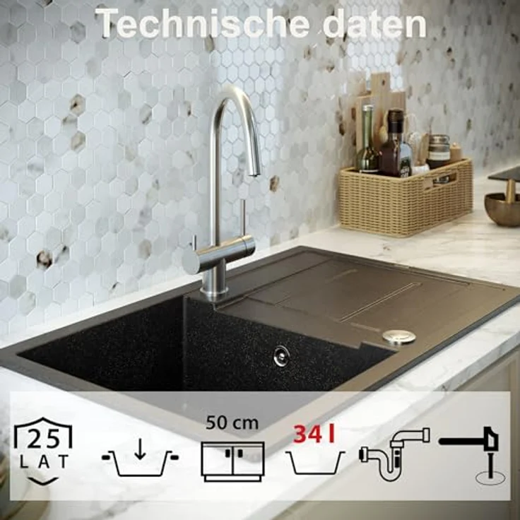 Quadron MORGAN 111 Granitspüle, 78 x 50 x 22 cm, grau, Einzelbecken mit Abtropffläche und Hahnloch – Bild 2