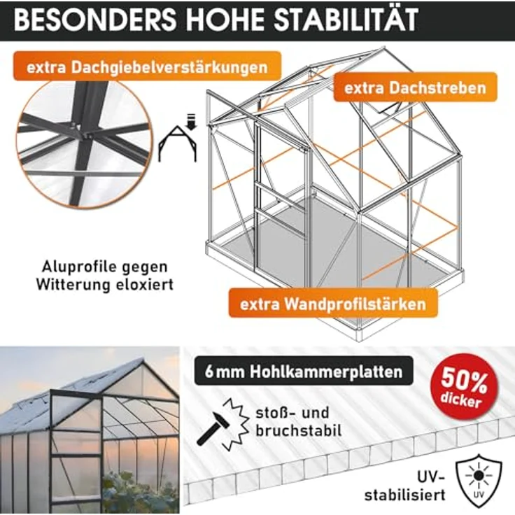 "BRAST Gewächshaus Aluminium mit Fundament rostfrei 130x190x195cm, BxTxH: 190 x 130 x 195 cm, wetterfestes hochwertiges Aluminium, Temperaturbeständig, Wärmedämmend, Lichtbrechend & UV-stabilisiert, grün" – Bild 5