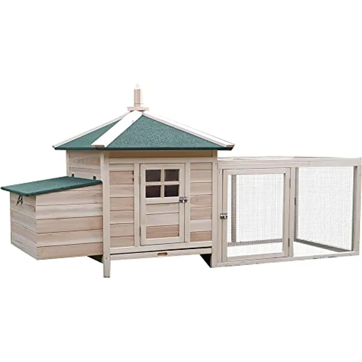 PawHut Hühnerstall mit Auslauf, Nistkasten, Stange, aus Kiefernholz, für Zwerghühner, Natur