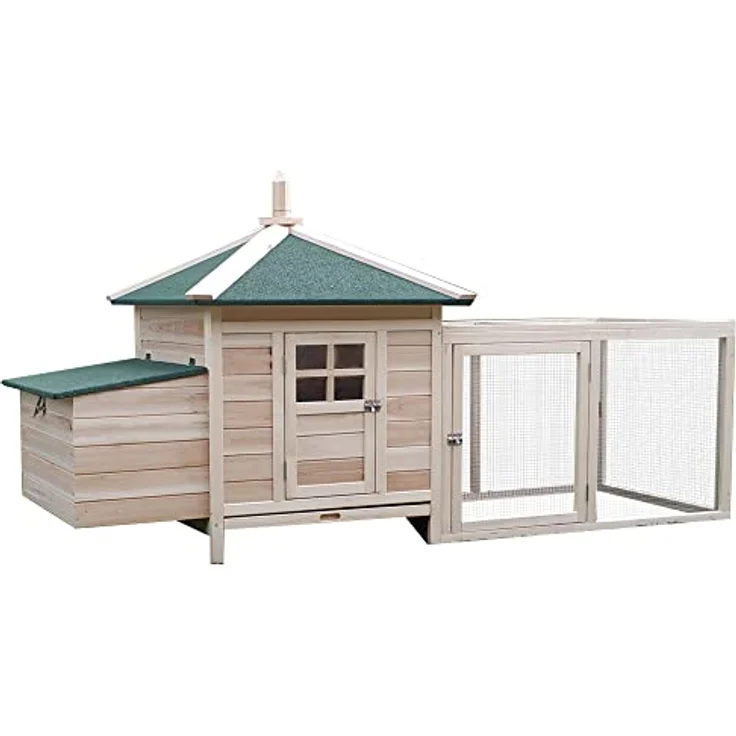 PawHut Hühnerstall mit Auslauf, Nistkasten, Stange, aus Kiefernholz, für Zwerghühner, Natur – Bild 1