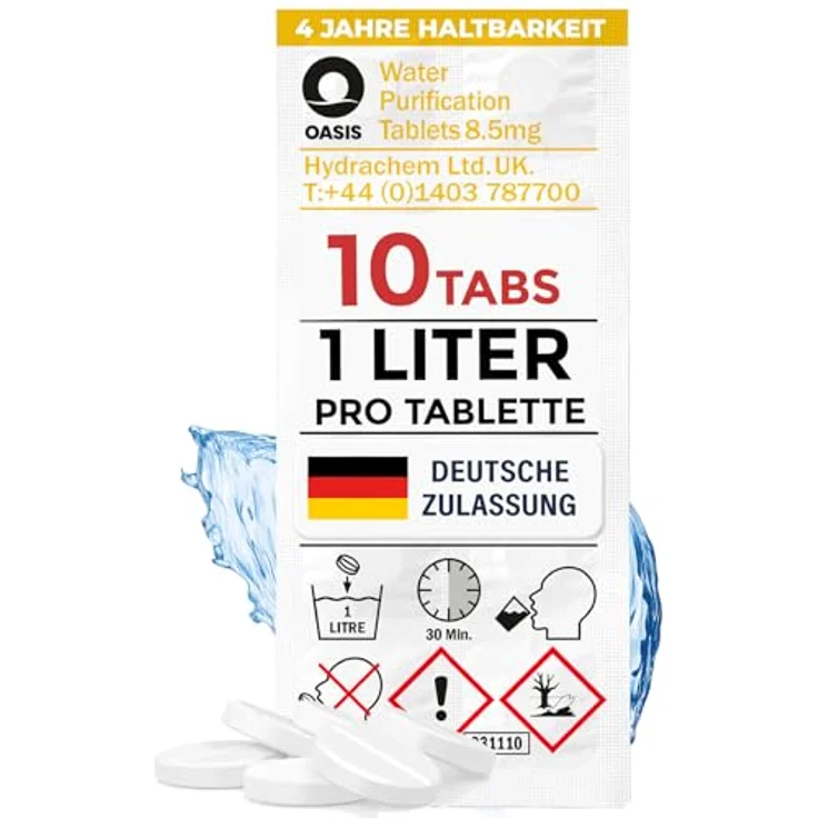 Wicked Chili Oasis 10x Wasserreinigungstabletten - 1 Liter Trinkwasser pro Tablette - Water Purification Tablet für Outdoor, Notfall, Camping, Reiseapotheke, Chlortabletten, Notfallset (8.5MG NaDCC) – Bild 2